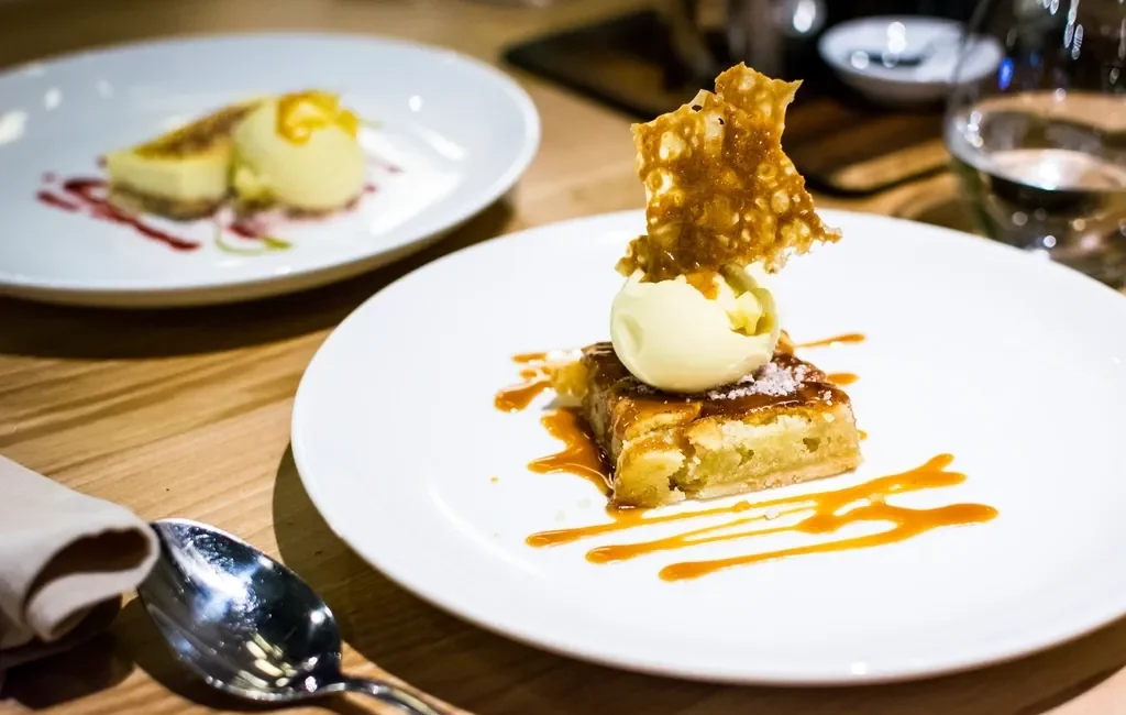 Plated dessert drizzled with caramel sauce