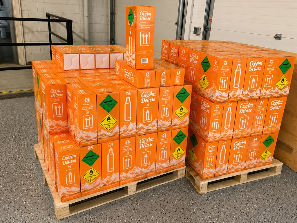 Illustration of Cream Deluxe cream charger tank cartons on pallets